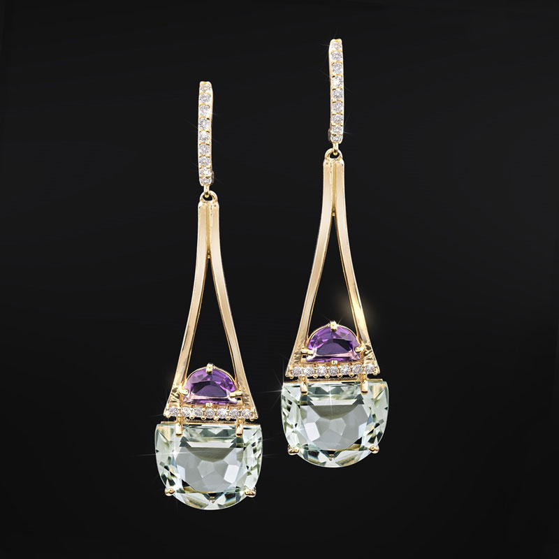 18K Yellow Gold Vermeil Prasiolite, Purple Amethyst & White Topaz Earrings