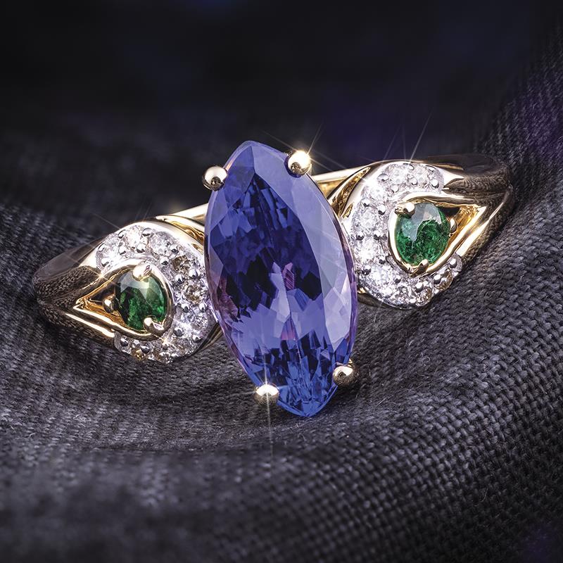 14K Gold Marquis Tanzanite & Emerald Ring