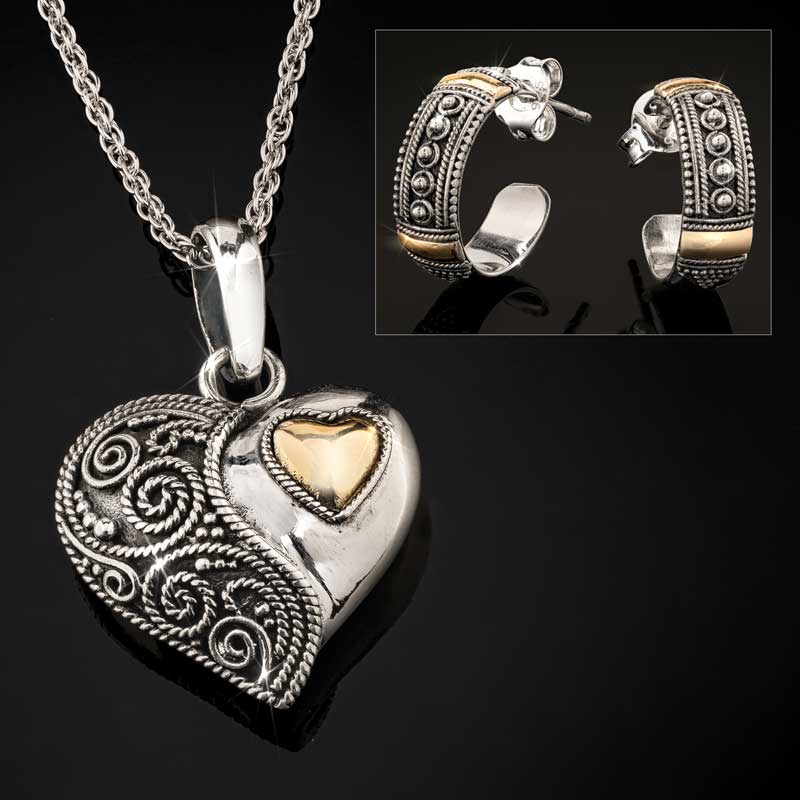 Bali Filigree Heart Pendant, Chain & Earrings
