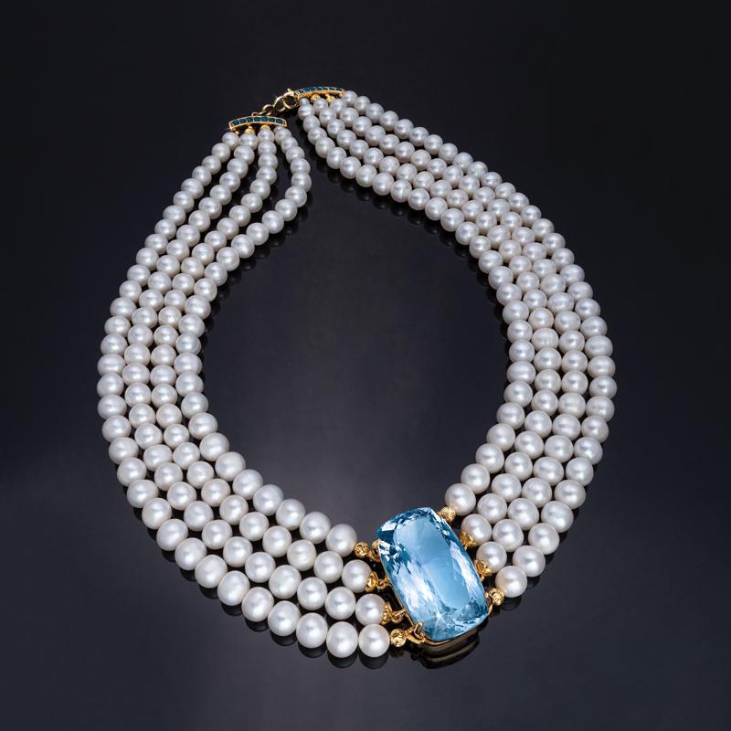 Cultured Freshwater Pearl & Sky Blue Topaz Necklace With Ruby