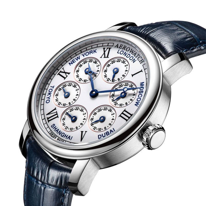 Swiss-made 7 Time Zones Watch (Dark Blue Leather with Silver Finish)
