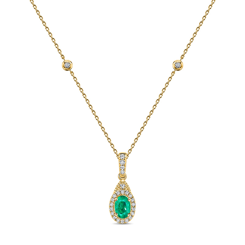 14k Yellow Gold Oval  Emerald & Diamond Necklace