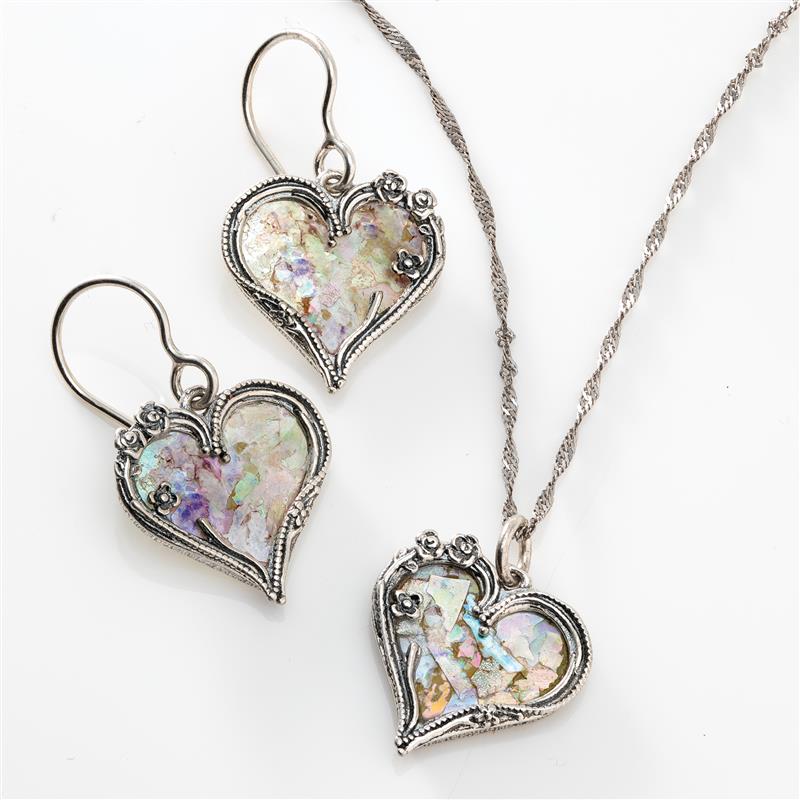 Roman Glass Heart Pendant, Chain & Earrings