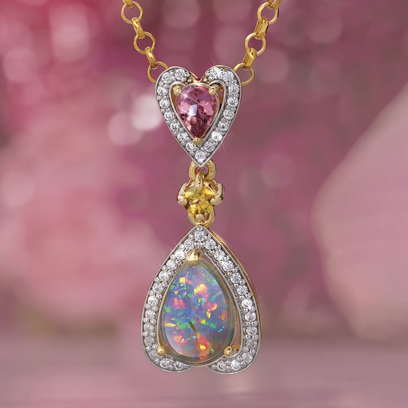 Ethiopian Opal and Pink Tourmaline Pendant, Chain and Earrings