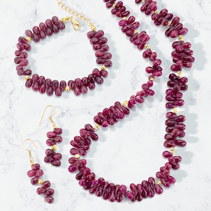 Natural Ruby Briolette Necklace, Bracelet and Earrings