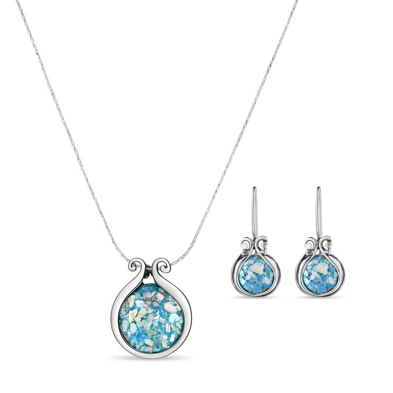 Blue Roman Glass Necklace and Earrings