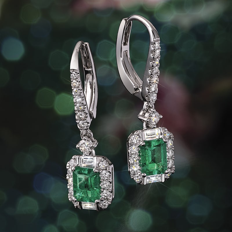 18k White Gold Colombian Emerald and Diamond Earrings