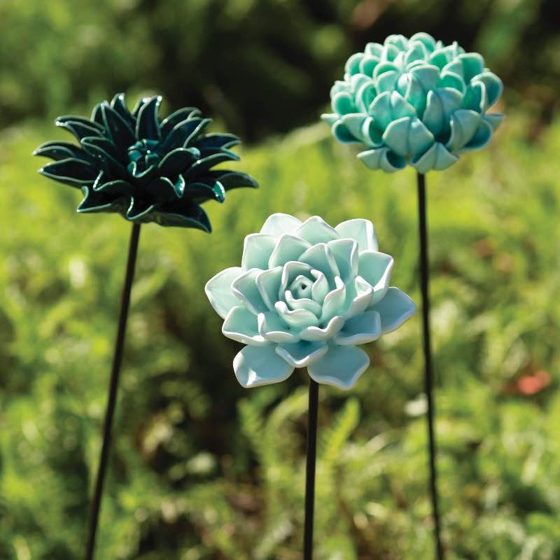 Set of 3 Ceramic Flower Stakes (Blue)