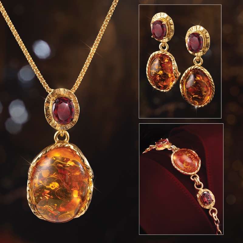 Garnet and Amber Necklace, Earrings & Bracelet Set