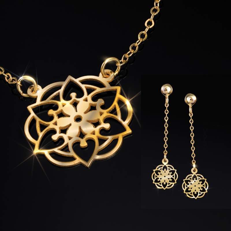 10k Gold Italian Rose Window Necklace and Earrings