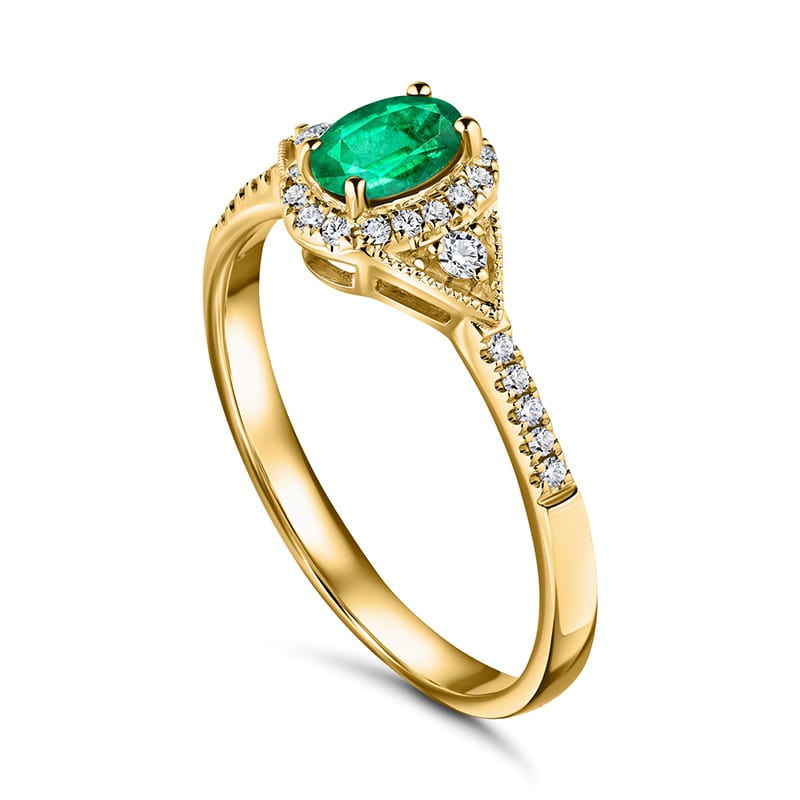 14k Yellow Gold Oval  Emerald & Diamond Ring