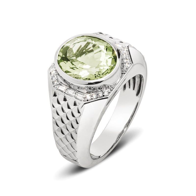 Men's Sterling Silver Green Amethyst & White Zircon Ring