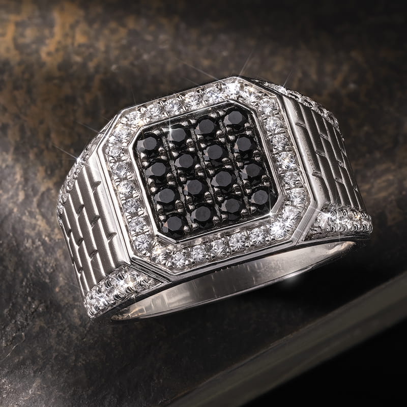 Sterling Silver Black Diamond & White Zircon Men's Ring