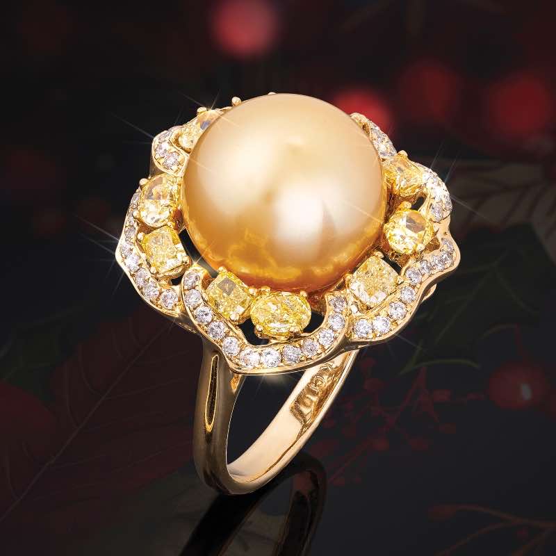 14k Yellow Gold South Sea Pearl and Yellow Diamond Ring