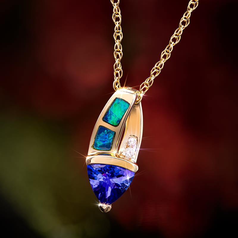 14K Yellow Gold Trillion Tanzanite and Opal Necklace