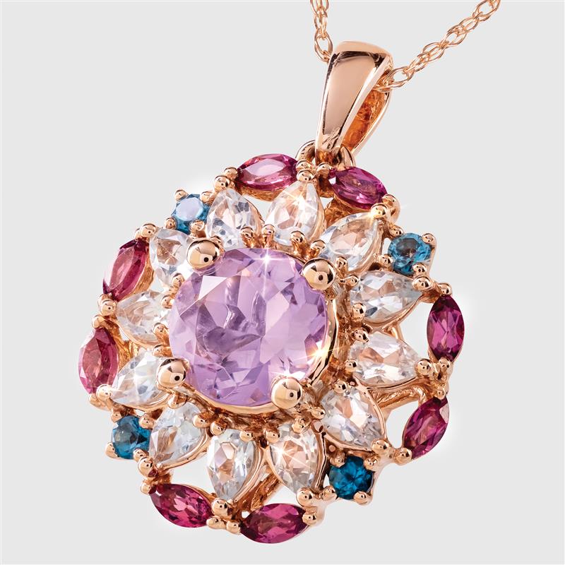 14K Rose Gold Rose de France Amethyst, Blue Topaz & Plum Garnet Necklace