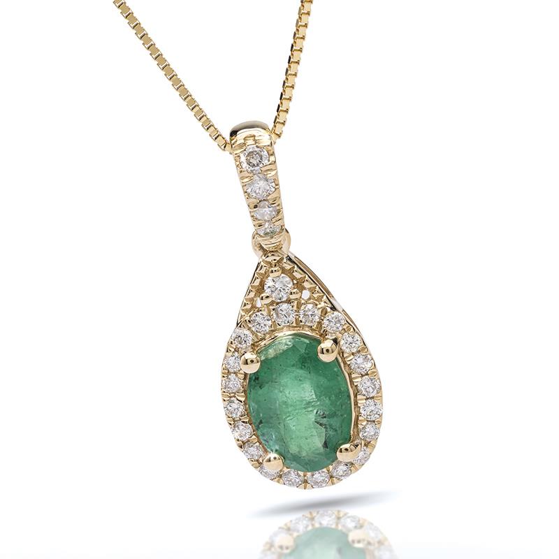 14k Yellow Gold Oval Emerald & Diamond Necklace