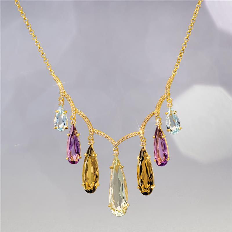 18K Yellow Gold Vermeil Amethyst, Prasiolite, Blue Topaz & Citrine Necklace